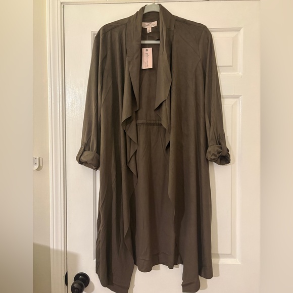 Philosophy Jackets & Blazers - Philosophy olive faux leather Open Front duster Cardigan with drawstring size L